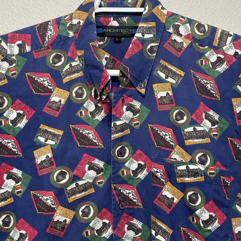 90s Architect Button-Down Shirt Mens L Blue Travel Stamp Print WPL11453 Used